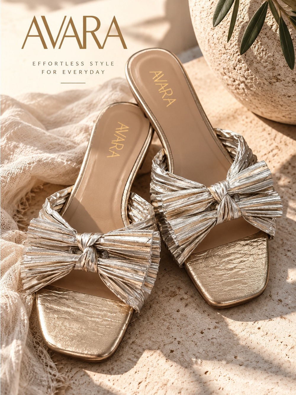 AVARA Metallic Silver Gold Pleated Bow Slide Sandals Size 10